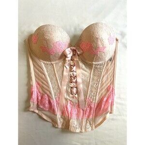 Victoria's Secret nude and neon pink lace-up corset bustier top 36D Coquette